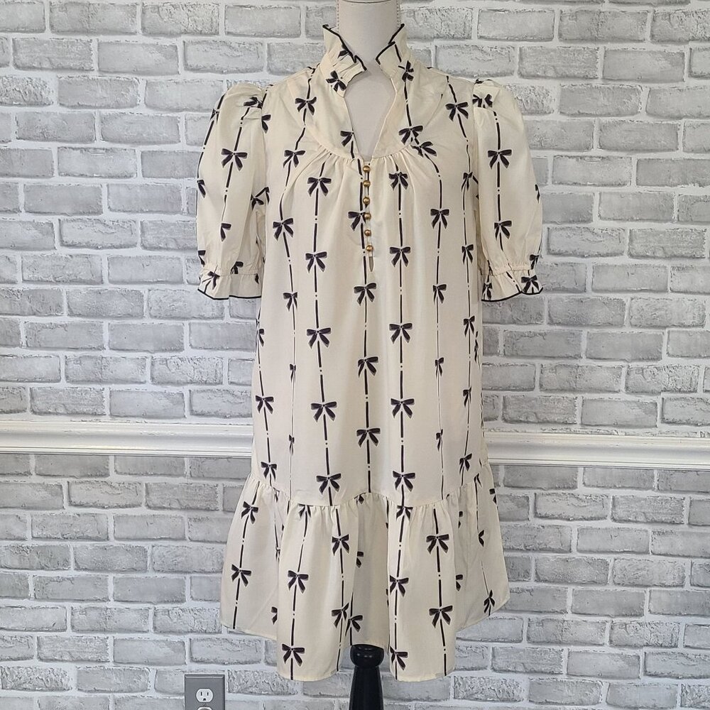 Boutique Bubble Sleeve Mini Swing Dress Bow Print NEW Lg Coquette Cottagecore